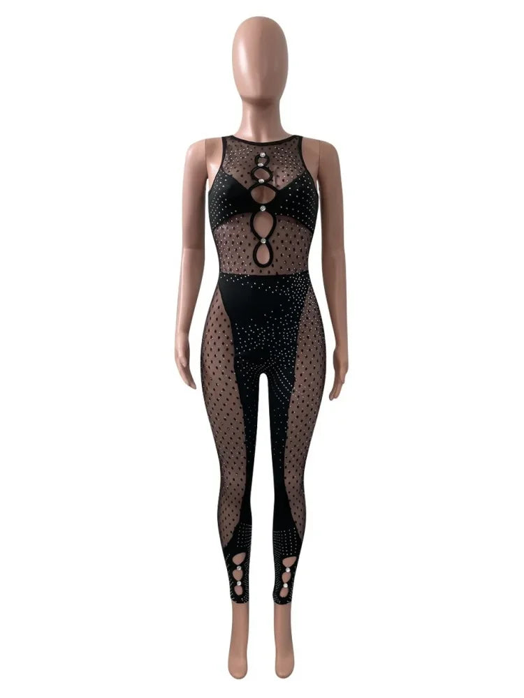 Women Party Jumpsuit Black Sexy Hollow Tight Hot Diamond Mesh Milk Silk Splicing Jumpsuit