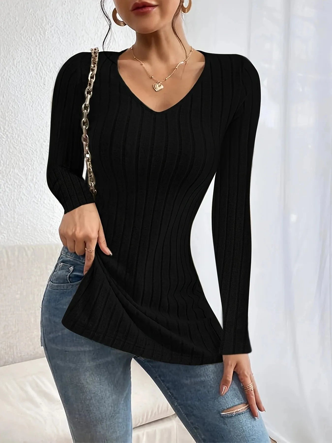 Women's Fashion V-neck Side Split Pit Strip Long sleeved Top - Shop & Buy