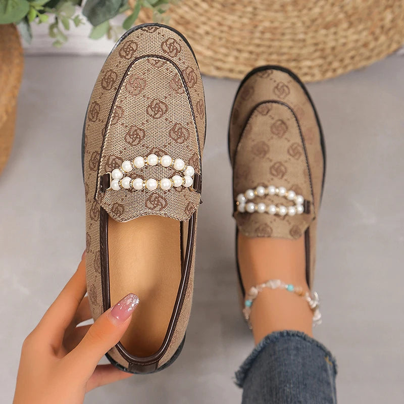 Pearl Chain Decor Women's Flats Fashion Embroidered Soft Sole Loafers Shoes for Women Summer Comfort Slip On Single Shoes