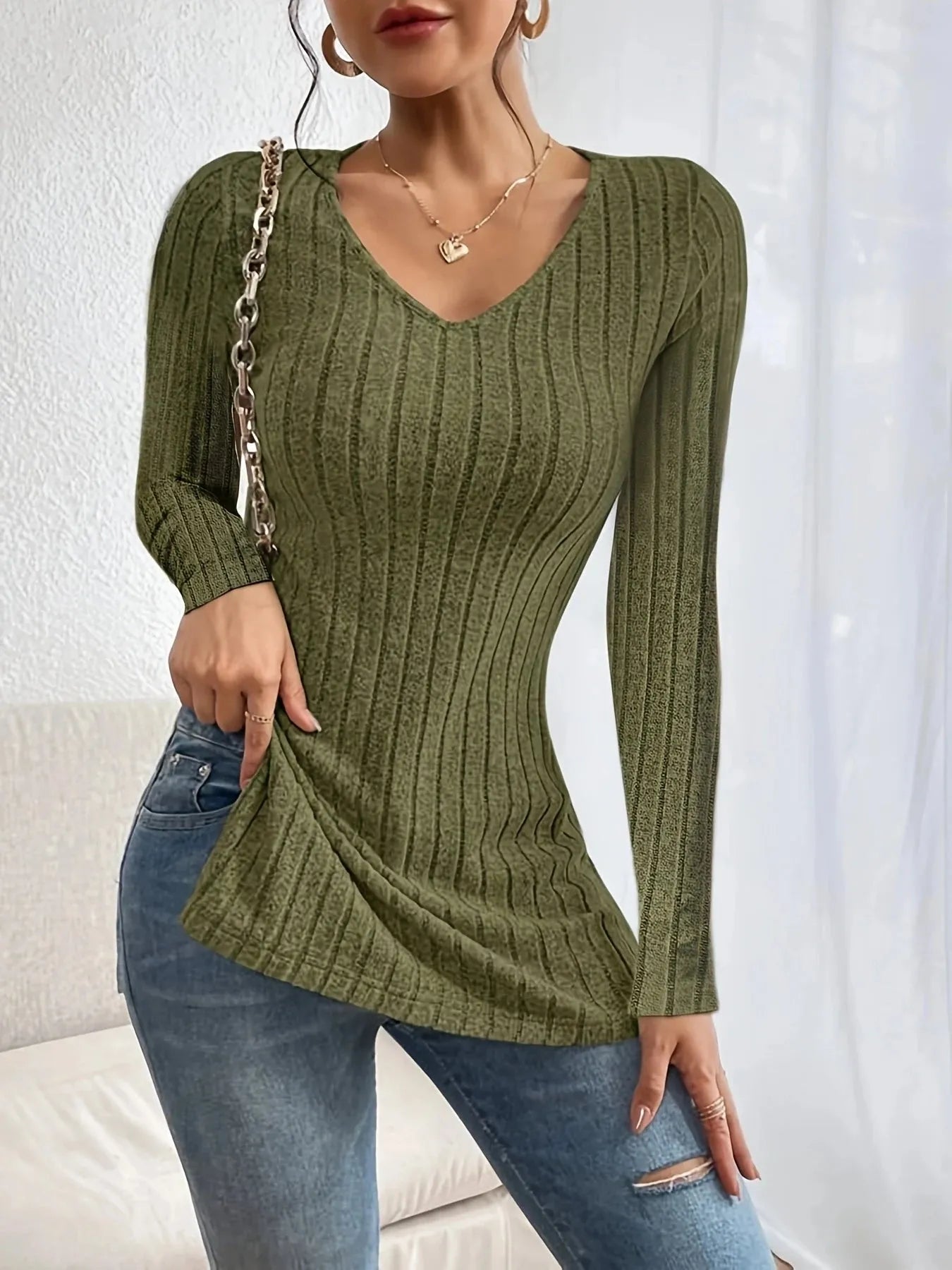 Women's Fashion V-neck Side Split Pit Strip Long sleeved Top - Shop & Buy