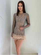 Load image into Gallery viewer, Women Fashion Sequins Feather Hem Mini Dress Elegant O-neck Long Sleeve Perspective Dresses
