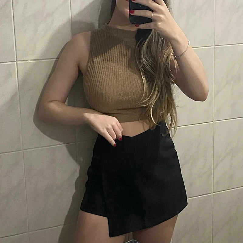 Black Shorts Women Solid Asymmetric High Waist Shorts Skirt Side Zipper Mini Shorts