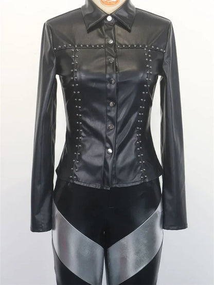 Fashionable Soft Collar Leather Shirt with Waist Cinching Long Sleeved Leather Top