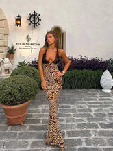 Load image into Gallery viewer, Vintage Leopard Print Lace Patchwork Maxi Dress Women Sexy Deep V Neck Backless Bodycon Vestidos Elegant Lady Street Party Robes
