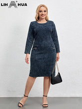 Load image into Gallery viewer, Women&#39;s Plus Size Denim Dress Round Neck Autumn Chic Elegant Dresses For Chubby Women Woven Cotton Dress
