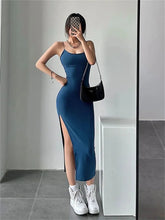 Load image into Gallery viewer, Woman Spring Summer Style Bodycon Dress Female Sexy Sleeveless Spaghetti Strap Split Sheath Dress
