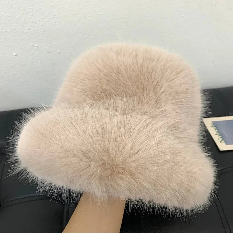 y2k Fluffy Faux Fur Bucket Hat Women Rabbit Fur Warm Thick Plush Winter Hat Lady Luxury Fashion - Shop & Buy