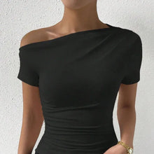 Load image into Gallery viewer, Solid One Shoulder T-shirt, Elegant Short Sleeve Ruched Top For Spring &amp; Summer, Women&#39;s Clothing
