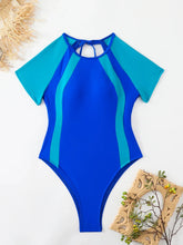 Load image into Gallery viewer, Blue Patchwork Swimwear Women Short Sleeve Slim Hollow Out Backless One Piece Swimsuit
