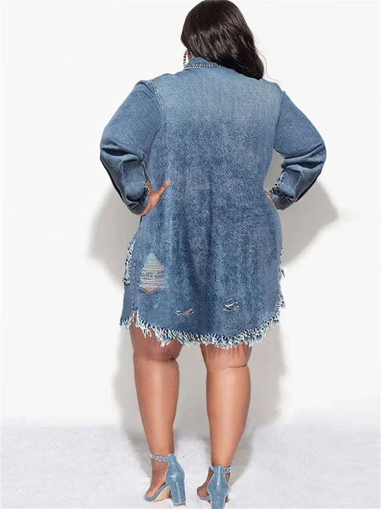 Plus Size Denim Dresses Women Long Sleeve Casual Button Pockets Midi Dress New in Fall Clothes