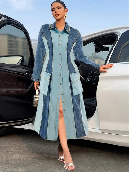 Plus Size Denim Dresses Women Long Sleeve Casual Button Pockets Striped Maxi Dress Fall Clothes