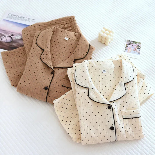 100% Cotton Gauze Summer Women Pajamas Polka Dot Print Sleepwear