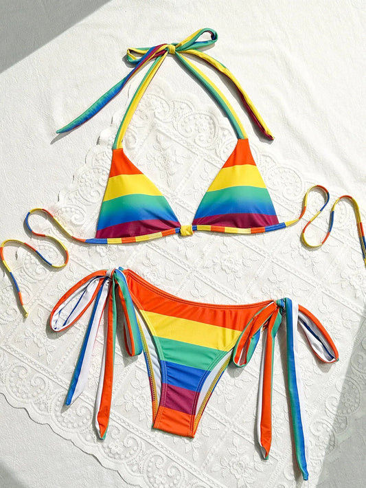 Women's Rainbow Color Bikini Set Sexy Beach Vacation Backless 2 Piece Swimsuit - Shop & Buy