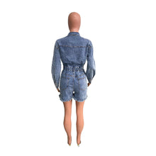 Load image into Gallery viewer, High Elastic Broken Hole Tassel Denim Playsuit Romper Sexy Button V Neck Long Sleeve Hand Frayed Shorts Jumpsuit One Pieces Y2K