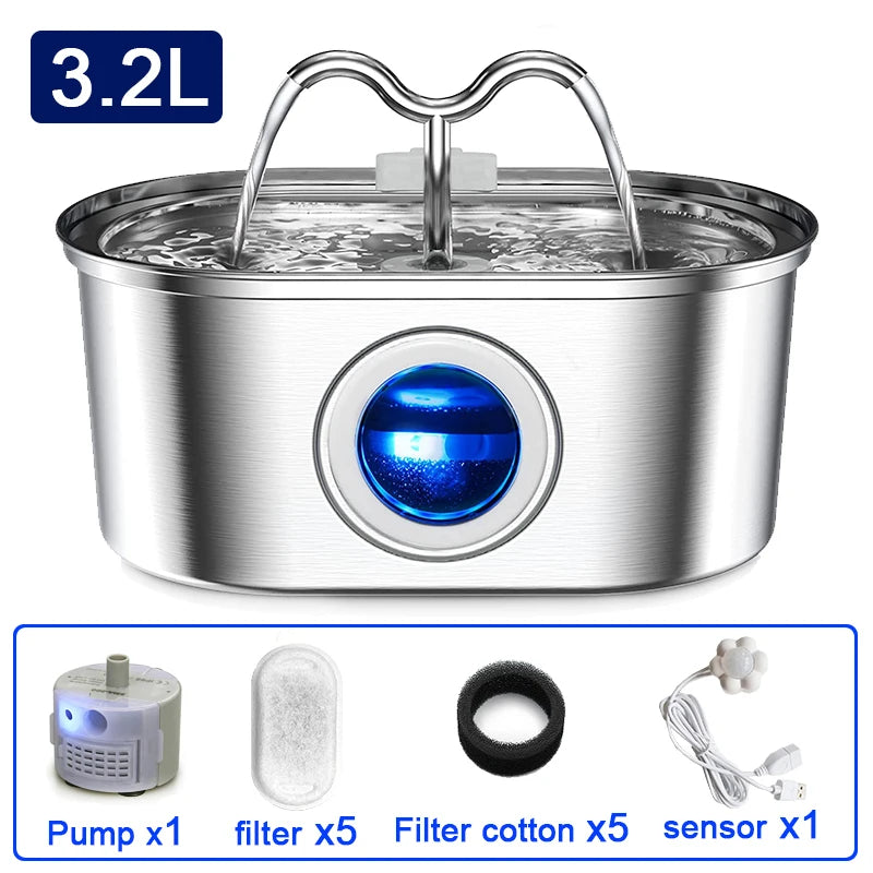 108oz/3.2L Cat Water Fountain, Stainless Steel Pets Cat Water Dispenser with LED Light Silent Pump Automatic Fountain for Cat Dog