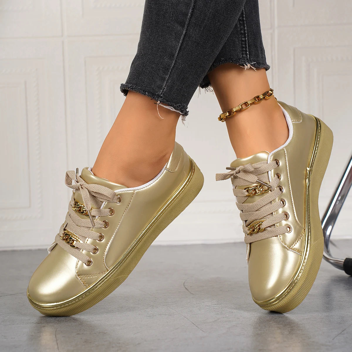 Fashion Gold Flat Sneakers for Women Lace Up Soft Bottom Casual Sports Shoes Woman Chain Decor Comfortable Walking Flats Shoes