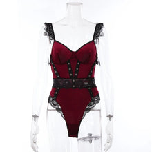 Load image into Gallery viewer, Velvet Retro Lace Sexy Bodysuits Fashion Sensual Streetwear Sheath Rompers Senior Backless Hollow Out Slim Playsuits
