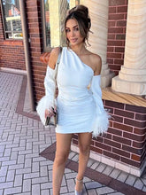 Load image into Gallery viewer, Elegant White Feather Patchwork Mini Dress Fashion Single Shoulder Backless Long Sleeve Vestidos
