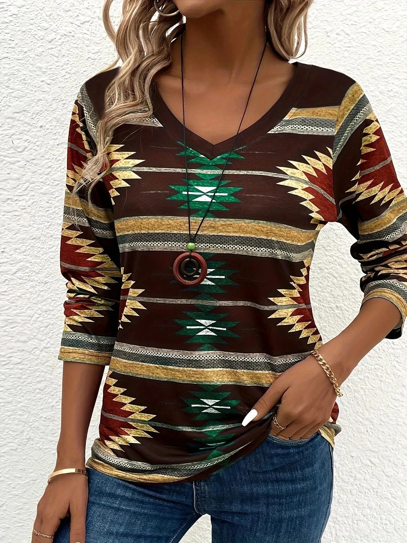 Women's fashionable ethnic style geometric V-neck long sleeved top - Shop & Buy