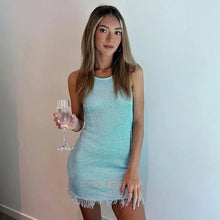 Load image into Gallery viewer, Sexy See Through Knitted Dresses Women Sleeveless Tassels Bodycon Mini Dress
