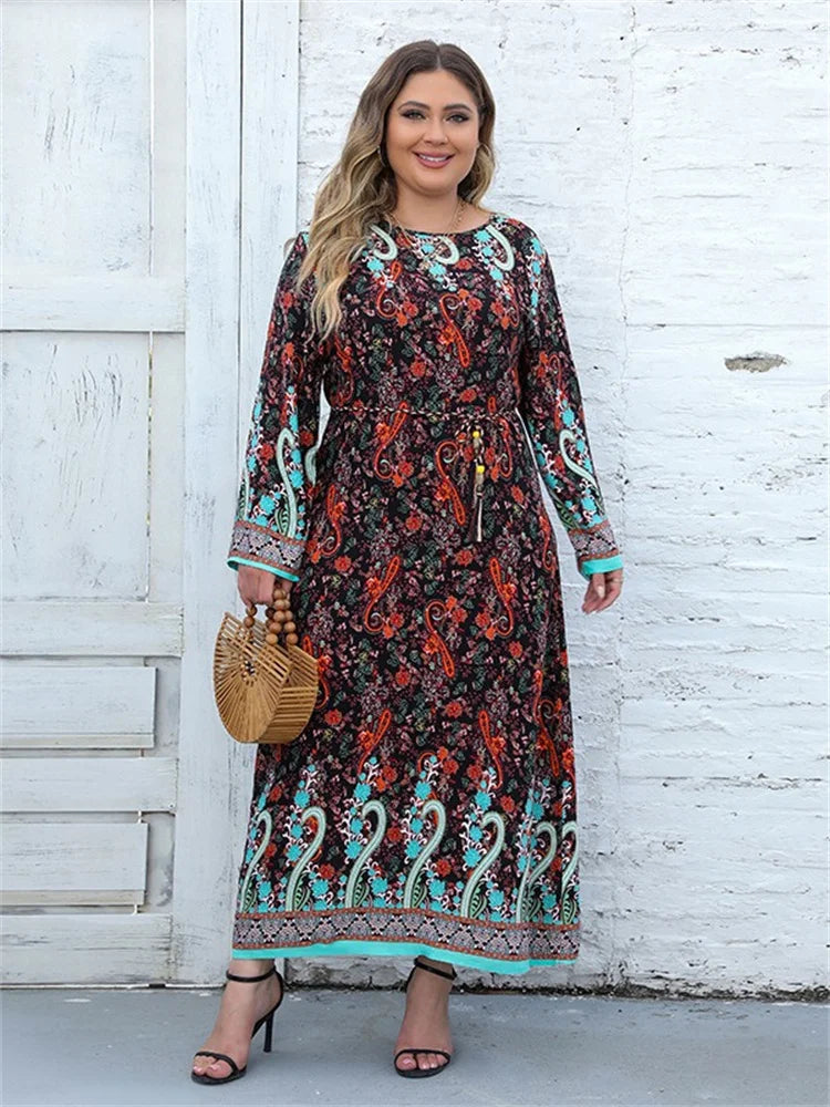 Plus Size Dresses for Women O Neck Elegant Lady Print Loose Casual Long Sleeve Fall Maxi Dress