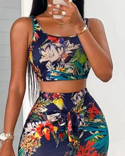 Load image into Gallery viewer, Two Piece Sets Womens Outifits Summer Fashion Tropical Print U-Neck Sleeveless Crop Tank Top &amp; Casual Skinny Midi Skirt Set
