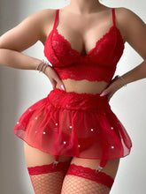 Load image into Gallery viewer, Ellolace Sexy Lingerie Red Hot Ensemble Lingeries Femmes Fantasy Skirt g-String Wireless Bra Stocking Romantic Onlyfans Kit
