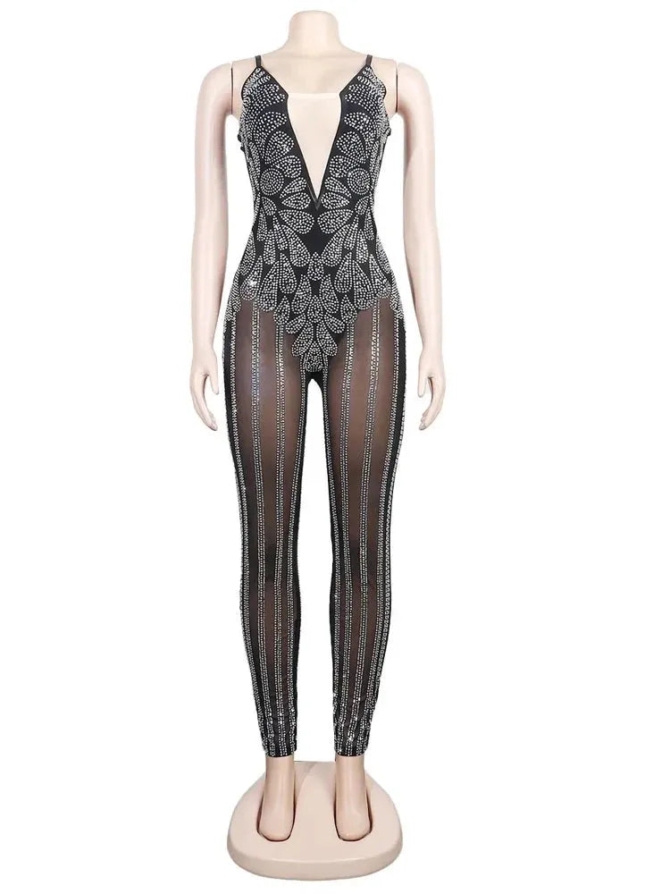 Women's Sparkle Black Rhinestone Spaghetti Straps Jumpsuits Glam Sleeveless Sheer Mesh Crystal Romper Clubwear - Shop & Buy