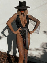 Load image into Gallery viewer, Shiny Rhinestones Grid Fishnet Dress Long Sleeve O-Neck Hollw Out Side Slit Dress Sexy Beach Cover Up
