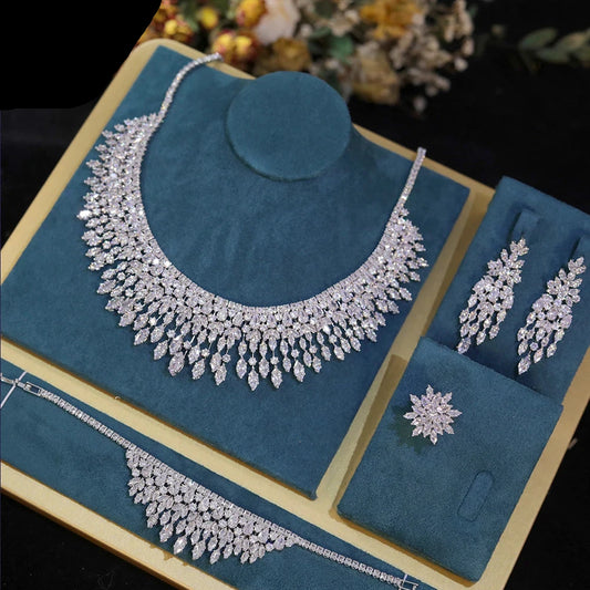 Fashion White 5A CZ Zirconia Leaf Earring Necklace for Women Bridal Weddings Jewelry Set