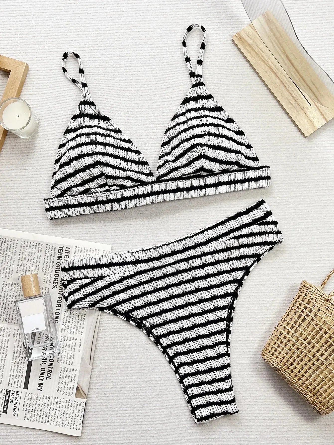 Women's Bikini Set Black White Stripe Print V-neck Suspender Backless 2-piece Swimsuit - Shop & Buy