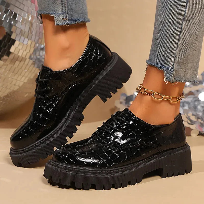 Women's Solid Color Chunky Platform Oxfords Fashion Lace Up Patent Leather Shoes Woman Round Toe Preppy Dressy Shoes - Shop & Buy