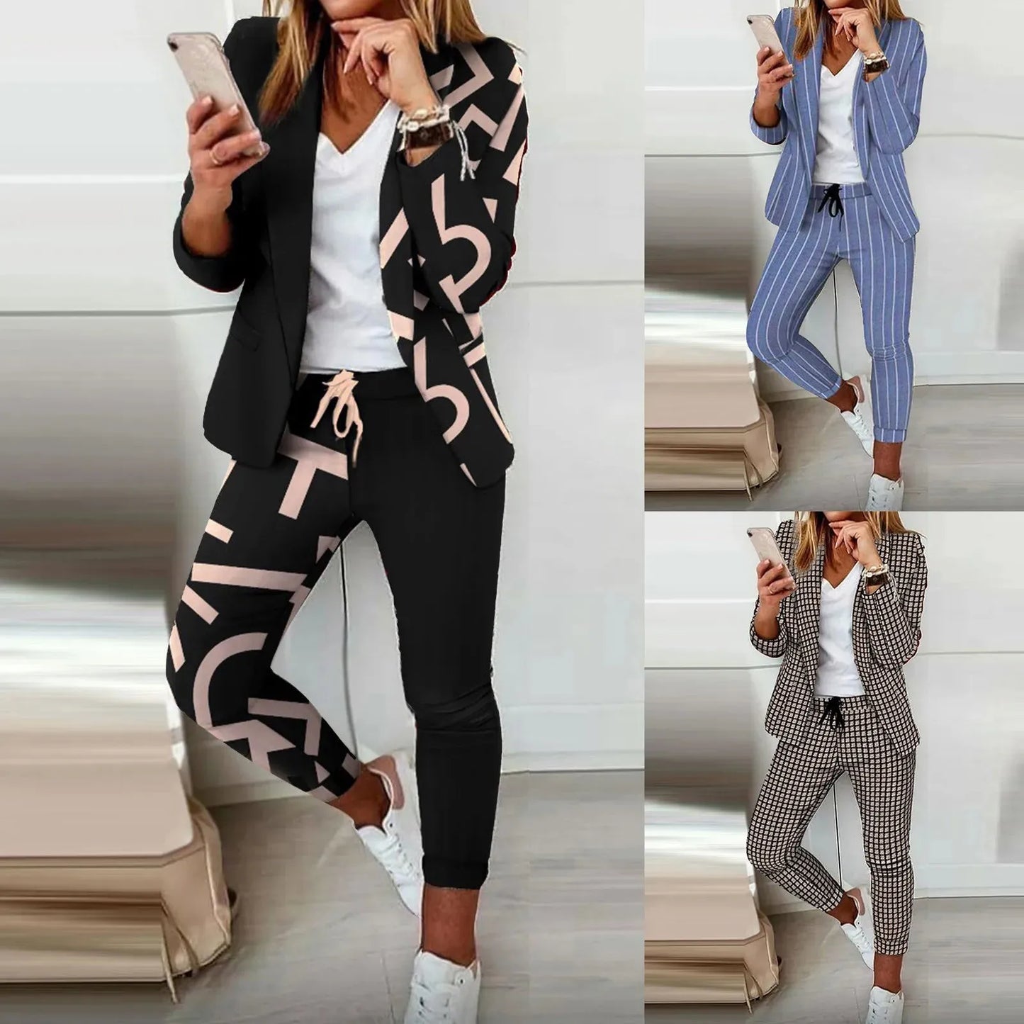 Women's 2Pcs Outfits Casual Light Weight Thin Jacket Slim Coat Long Sleeve Office Business Pants+ Coats Jacket Outwear Suits - Shop & Buy