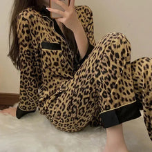 Load image into Gallery viewer, Pajamas for Women Spring Autumn Korean Cardigan Long Sleeved Sexy Leopard Print Home Clothing Set
