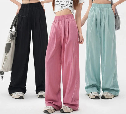 Harajuku Street Fashion Women's Ice Silk Thin Casual Trousers New Elastic High Waist Straight Wide Leg Pants