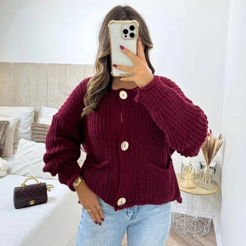 Woman Burgundy Crochet Cardigan For Women Autumn Cropped Knit Outerwears Loose O-Neck Long Sleeve Top Women Knitwears