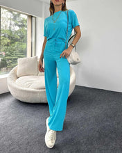 Load image into Gallery viewer, Spring Women&#39;s Sports Suit Blue Short Sleeve T-shirt Tracksuit Two-piece Set Sagging Wide Leg Trouser Home Suit
