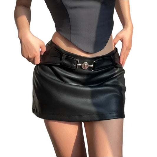 WhereMery Y2K Chic Leather Short Skirt Women Belt Metal Ring Button Mini Skirt Gothic Vintage Lady Fashion Clubweear Clothes - Shop & Buy