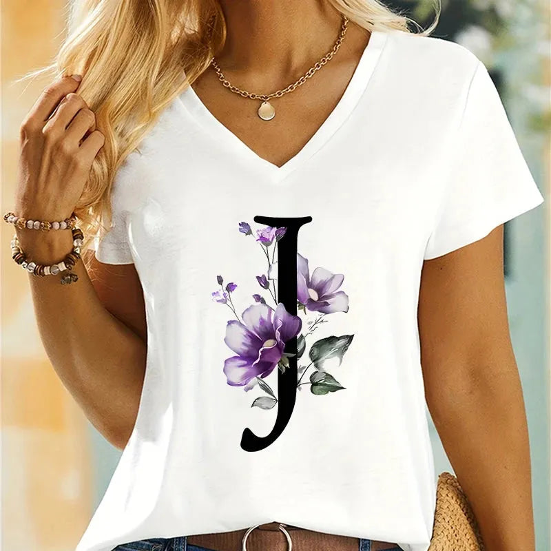 Women's Clothing A-Z 26 Alphabet Flower Premium Summer T-shirt - Shop & Buy