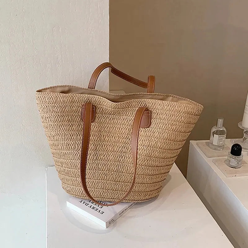 Women's Large Capacity Shoulder Bag Summer Straw Woven Basket Handbag Fashion Female Luxury Designer Beach Bag - Shop & Buy