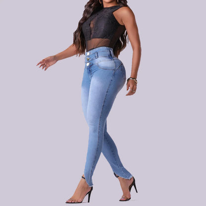 Fashion High-quality Women Jeans Mid-waist Stretch Slim-fit Denim Trousers Shaping Butt Lift Jeans