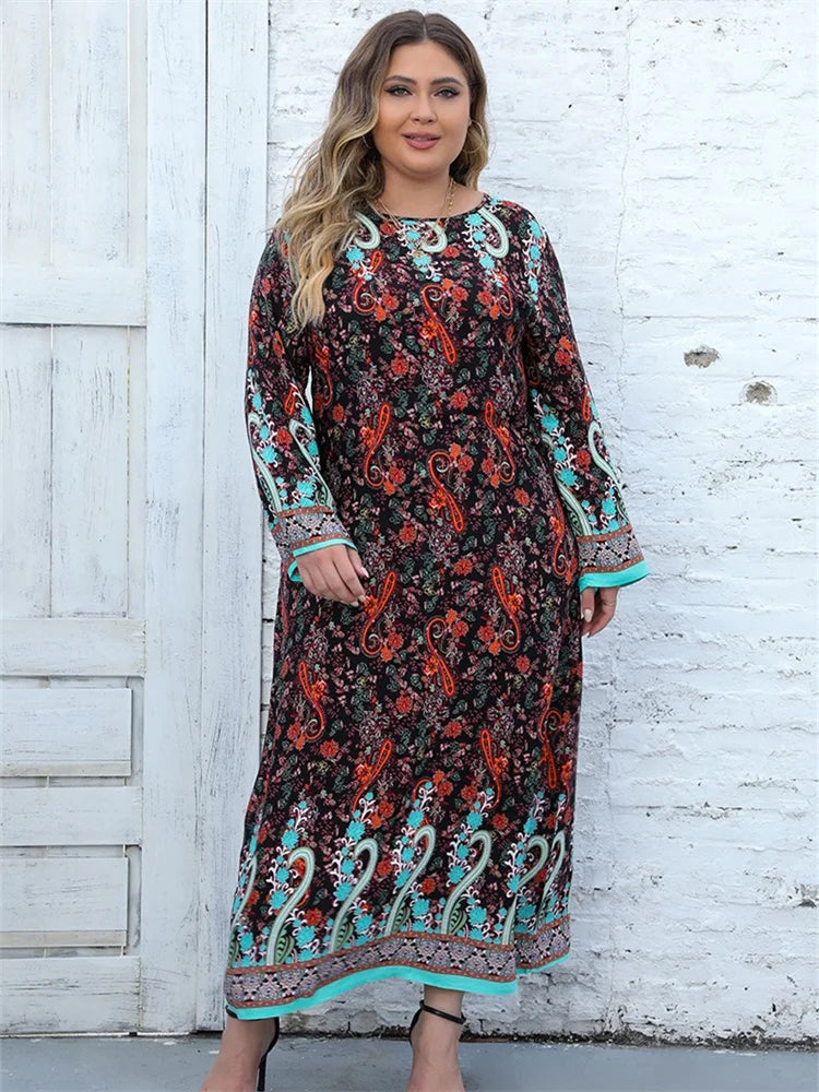 Plus Size Dresses for Women O Neck Elegant Lady Print Loose Casual Long Sleeve Fall Maxi Dress