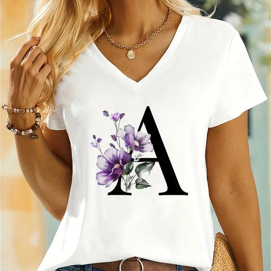 Women's Clothing A-Z 26 Alphabet Flower Premium Summer T-shirt - Shop & Buy