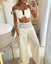 Load image into Gallery viewer, Summer Women Sets Elegant Scallop Trim Off Shoulder Top and Striped Wide Leg Pants Set Office Lady Clothing
