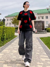 Load image into Gallery viewer, Summer Loose Oversized T-shirt with Heart Embroidery O-neck Pullovers Short Sleeve Tops
