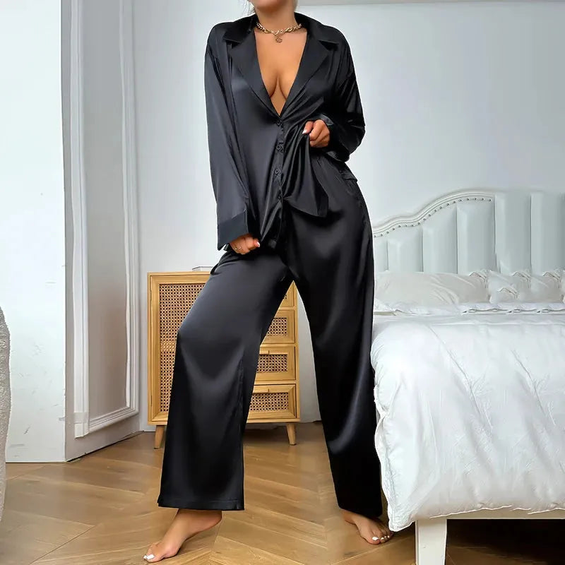 Women's Satin Silk Sleepwear Low Cut Sexy Home Clothes Pajamas For Femme Single-Breasted Long Sleeves - Shop & Buy