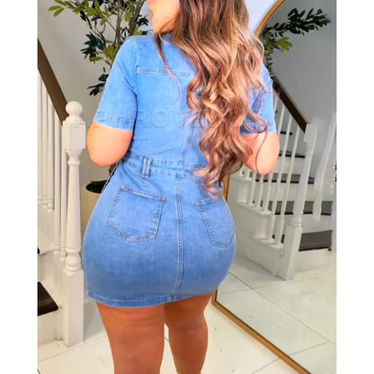 Sexy Blue Stretch Denim Sheath Mini Party Dress Pockets Design Short Sleeves Summer Women Solid Y2K Street Style Dress