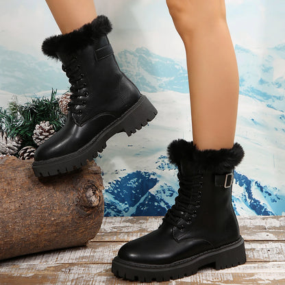 Thick Plush Warm PU Leather Ankle Boots for Women Fashion Faux Fur Winter Boots Woman Black Lace Up Platform Boots