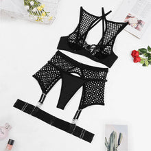 Load image into Gallery viewer, New Lingerie Sets Fishing Net Splicing Mesh Hanging Neck And Back Erotic Four-piece Set
