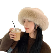 Load image into Gallery viewer, Women Thicken Plush Bucket Hat Large Size Winter Warm Rabbit Fur Hats for Women Flat Top Panama Outdoor Fisherman Caps
